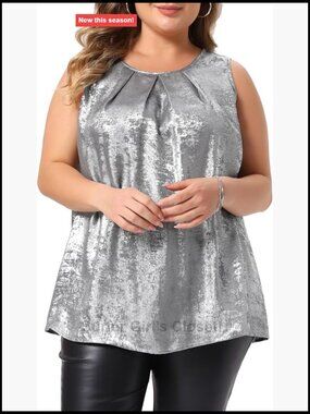 Plus Size Metallic Sleeveless Party Tank Top - Shiny Crew Neck Disco Clubwear